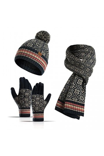 YULOONG Ensemble 3 en 1 bonnet dhiver avec écharpe et gants pour écran tactile pour femme en tricot côtelé, bleu marine, tai