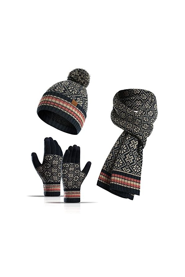 YULOONG Ensemble 3 en 1 bonnet dhiver avec écharpe et gants pour écran tactile pour femme en tricot côtelé, bleu marine, tai