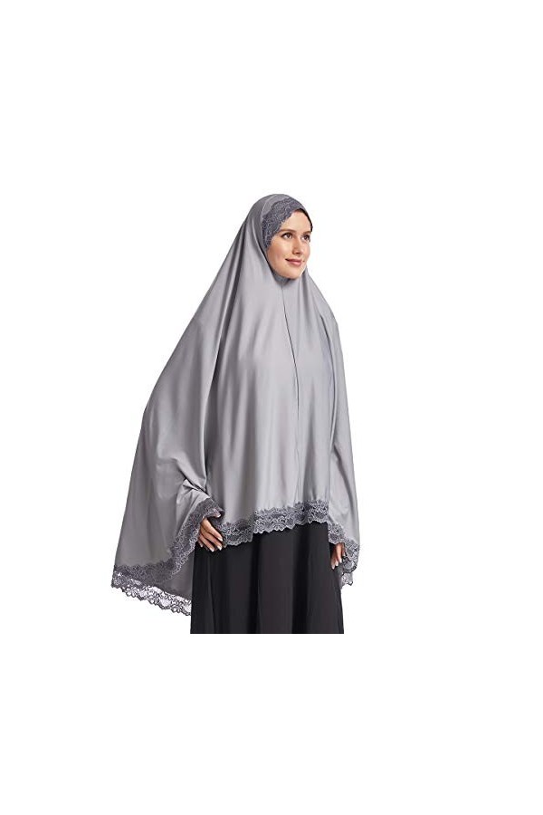 khalat Hijab élégant en dentelle pour femme musulmane islamique Ramadan doux léger hijab longue écharpe, bleu marine, Large