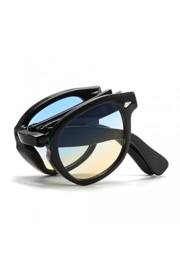 PANTHOS Noon Lunettes de soleil pliantes unisexe homme femme vintage mode protection UV400 avec pièce et pochette, Noir/Bleu 