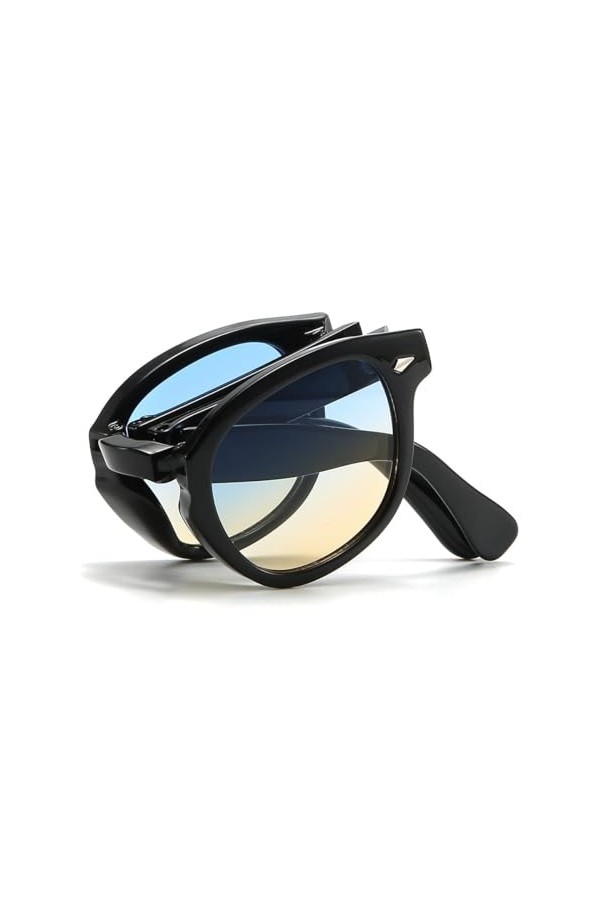 PANTHOS Noon Lunettes de soleil pliantes unisexe homme femme vintage mode protection UV400 avec pièce et pochette, Noir/Bleu 