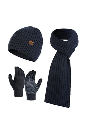 YULOONG Ensemble bonnet, écharpe, gants de conduite à écran tactile pour homme et femme - Tricot côtelé 3 en 1 - Bleu marine