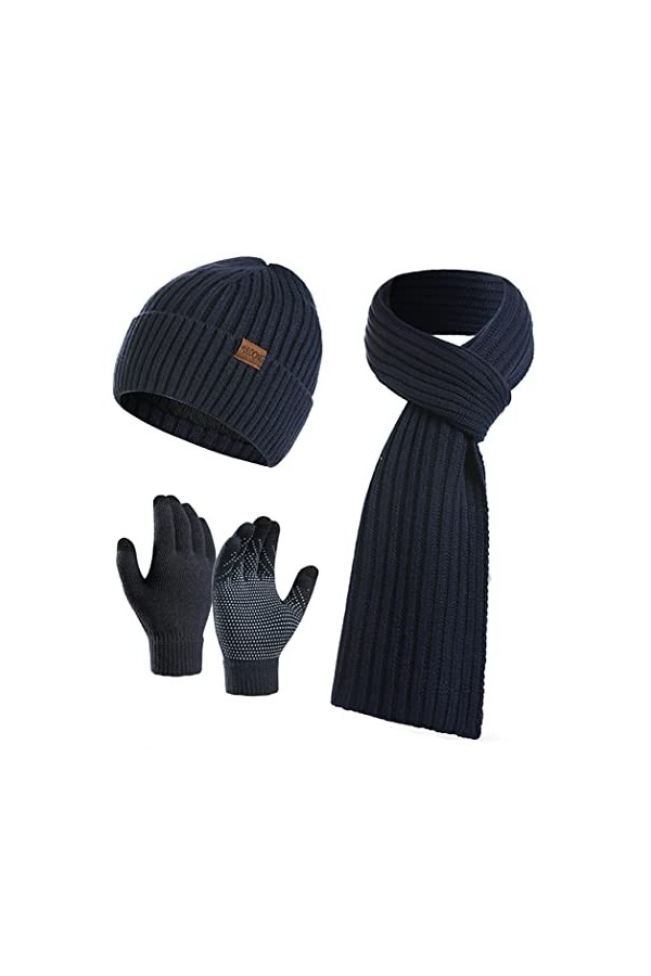 YULOONG Ensemble bonnet, écharpe, gants de conduite à écran tactile pour homme et femme - Tricot côtelé 3 en 1 - Bleu marine