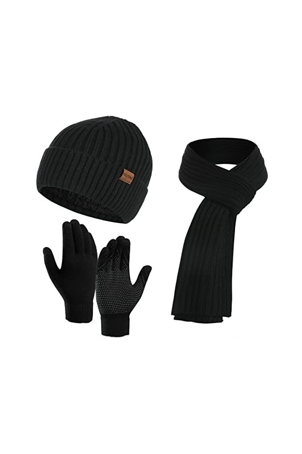 YULOONG Ensemble bonnet, écharpe, gants de conduite à écran tactile pour homme et femme - Tricot côtelé 3 en 1 - Bleu marine