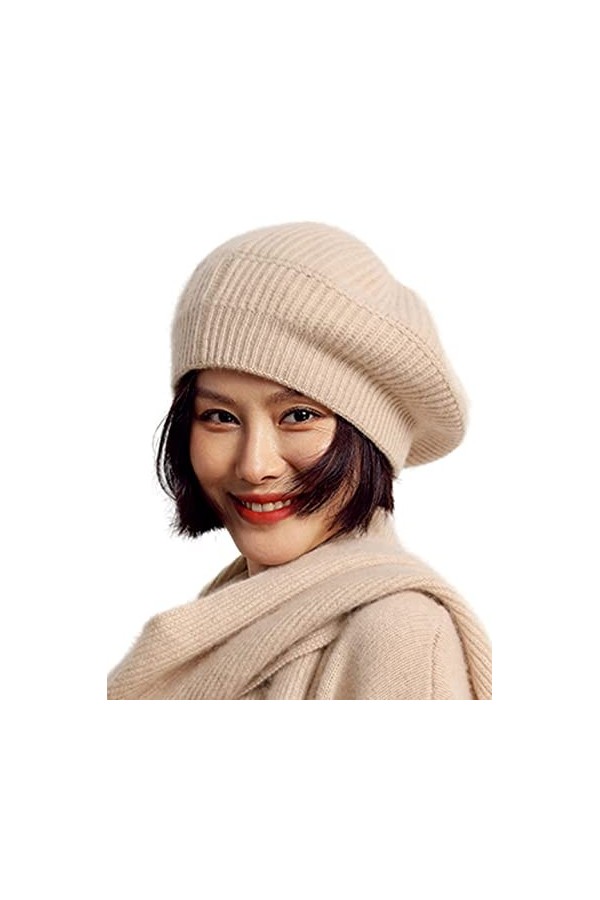 Bérets en Cachemire pour Femmes Hiver Chaud Merino Laine Tricot Extra Grand Chapeau Beige sans corniche