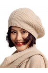 Bérets en Cachemire pour Femmes Hiver Chaud Merino Laine Tricot Extra Grand Chapeau Beige sans corniche