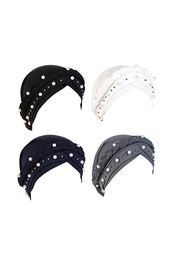 Fxhixiy Bonnet hijab avec perles tressées pour femme - Bonnet turban pour le cancer et la chimio, noir, blanc, bleu marine, g