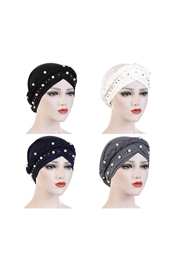 Fxhixiy Bonnet hijab avec perles tressées pour femme - Bonnet turban pour le cancer et la chimio, noir, blanc, bleu marine, g