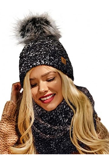 4sold Femme Set Bonnet et écharpe Alpaga dhiver Wool Chapeau Hat Grande Pom Pom Bonnet dhiver Chaud Doublure Polaire - Set 