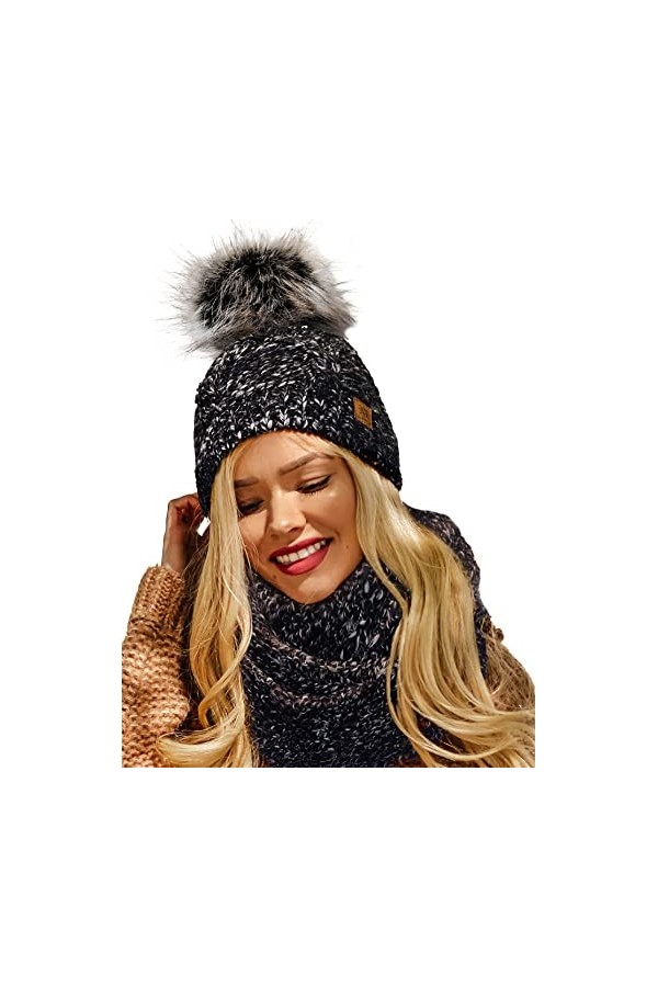 4sold Femme Set Bonnet et écharpe Alpaga dhiver Wool Chapeau Hat Grande Pom Pom Bonnet dhiver Chaud Doublure Polaire - Set 
