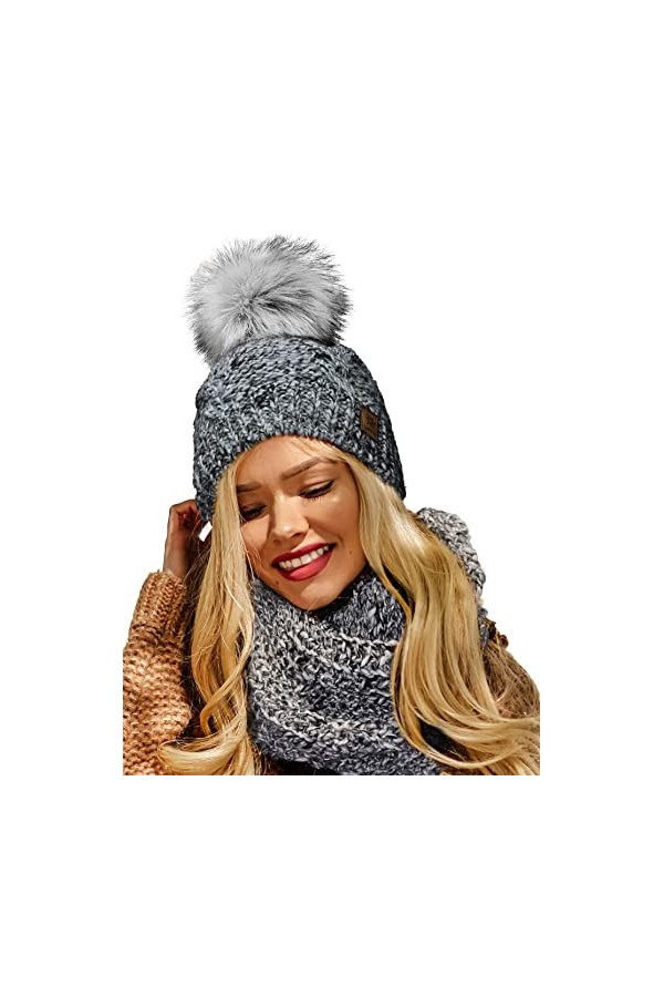 4sold Femme Set Bonnet et écharpe Alpaga dhiver Wool Chapeau Hat Grande Pom Pom Bonnet dhiver Chaud Doublure Polaire - Set 