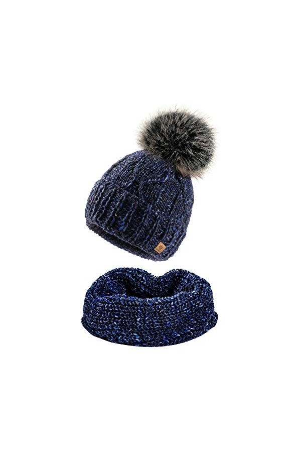 4sold Femme Set Bonnet et écharpe Alpaga dhiver Wool Chapeau Hat Grande Pom Pom Bonnet dhiver Chaud Doublure Polaire - Set 