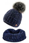 4sold Femme Set Bonnet et écharpe Alpaga dhiver Wool Chapeau Hat Grande Pom Pom Bonnet dhiver Chaud Doublure Polaire - Set 