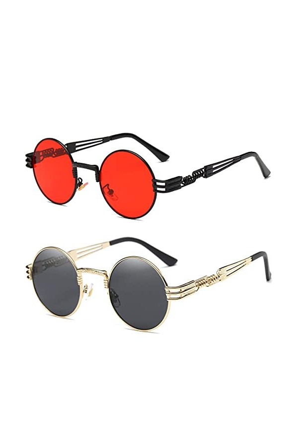 Dollger Lunettes de soleil pour homme rondes Vintage Lunettes de soleil Steampunk métal UV400 rondes Hippie Fumature rétro Ro