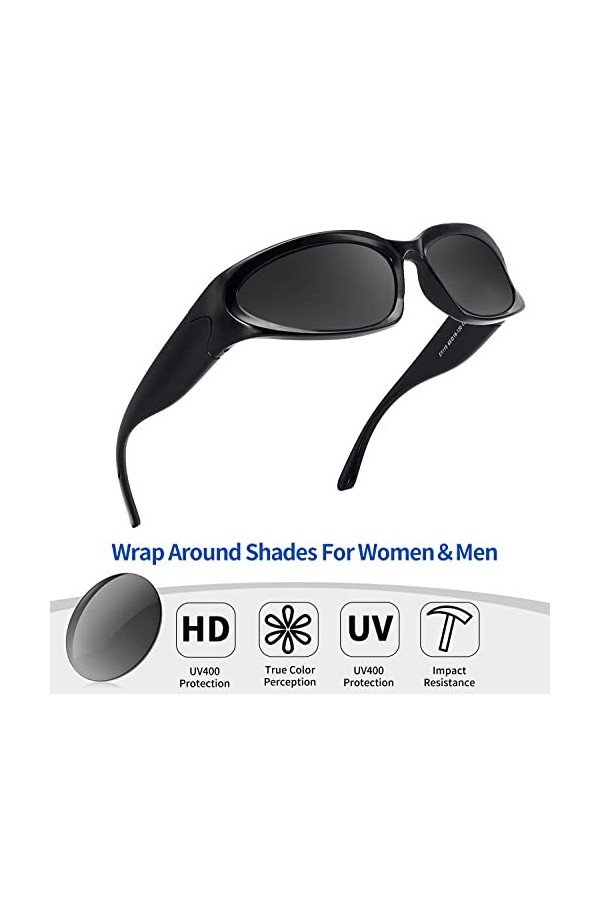 JM Wrap Around Y2K Lunettes de soleil tendance pour homme et femme Lunettes de soleil ovales futuristes sportives, Monture no