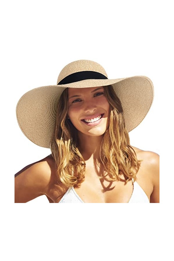 FURTALK Chapeau de Paille Solaire pour Femme à Large Bord UPF 50 Chapeau dété Chapeau de Plage Pliable Roll-Up Floppy pour F