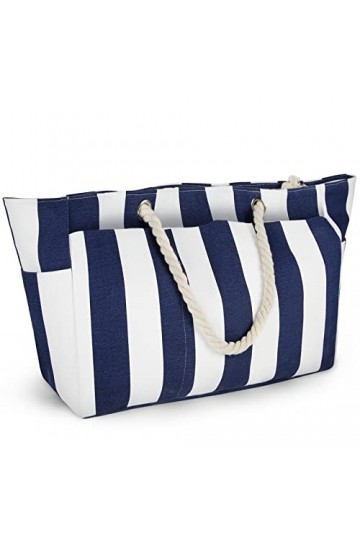 Lubardy Grand Sacs de Plage Femme XXL Sac Homme avec Fermeture éclair Sac Cabas Femme Extra Large Famille, Rayures Bleu et Bl