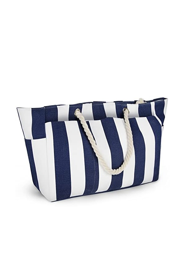 Lubardy Grand Sacs de Plage Femme XXL Sac Homme avec Fermeture éclair Sac Cabas Femme Extra Large Famille, Rayures Bleu et Bl