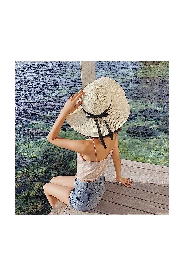 BABAHU Chapeau de soleil pliable à large bord pour femme, chapeau de paille UPF 50+, 09-Style White, taille unique