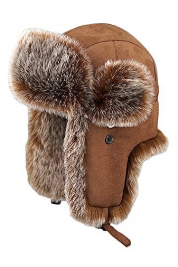 Insun Unisex Chapka Suède Chapeau de Trappeur en Fausse Fourrure Chaud Anti Vent Ushanka Chapeau de Chasse Russe Marron XL