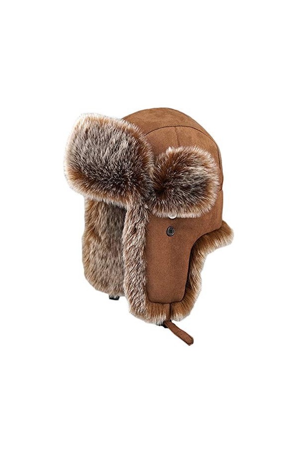 Insun Unisex Chapka Suède Chapeau de Trappeur en Fausse Fourrure Chaud Anti Vent Ushanka Chapeau de Chasse Russe Marron XL