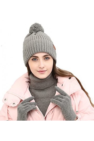 YULOONG Ensemble bonnet, écharpe, gants de conduite pour femme en tricot côtelé 3 en 1, gris