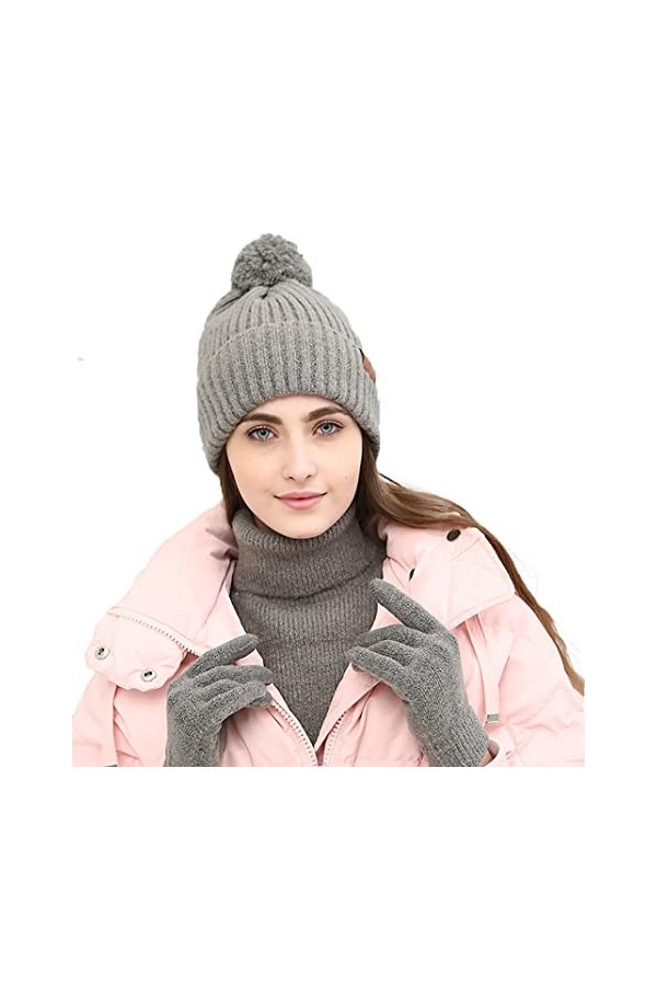 YULOONG Ensemble bonnet, écharpe, gants de conduite pour femme en tricot côtelé 3 en 1, gris
