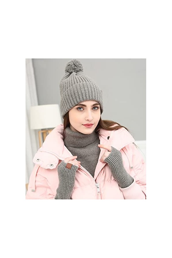 YULOONG Ensemble bonnet, écharpe, gants de conduite pour femme en tricot côtelé 3 en 1, gris