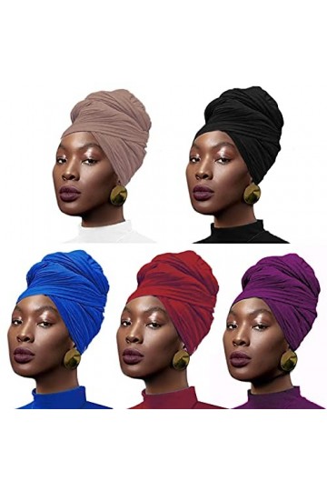 Lot de 5 turbans en jersey extensible pour cheveux urbains, couleur unie, ultra doux, extra long, respirant, pour femme