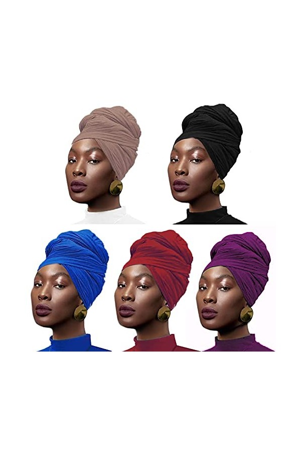 Lot de 5 turbans en jersey extensible pour cheveux urbains, couleur unie, ultra doux, extra long, respirant, pour femme