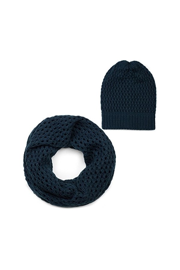 styleBREAKER Ensemble constitué dun bonnet et dune écharpe loop, châle tricoté avec motif ajouré et bonnet en maille, unise