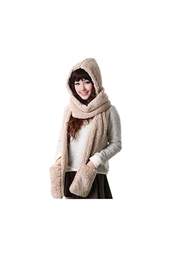 Alltops Écharpe à capuche 3 en 1 pour femme avec des moufles - Rose - Taille unique