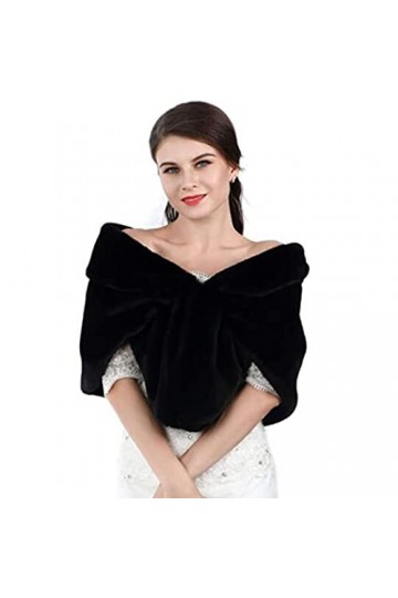 Yean Écharpe de mariée en fausse fourrure pour femme - Noir - taille libre