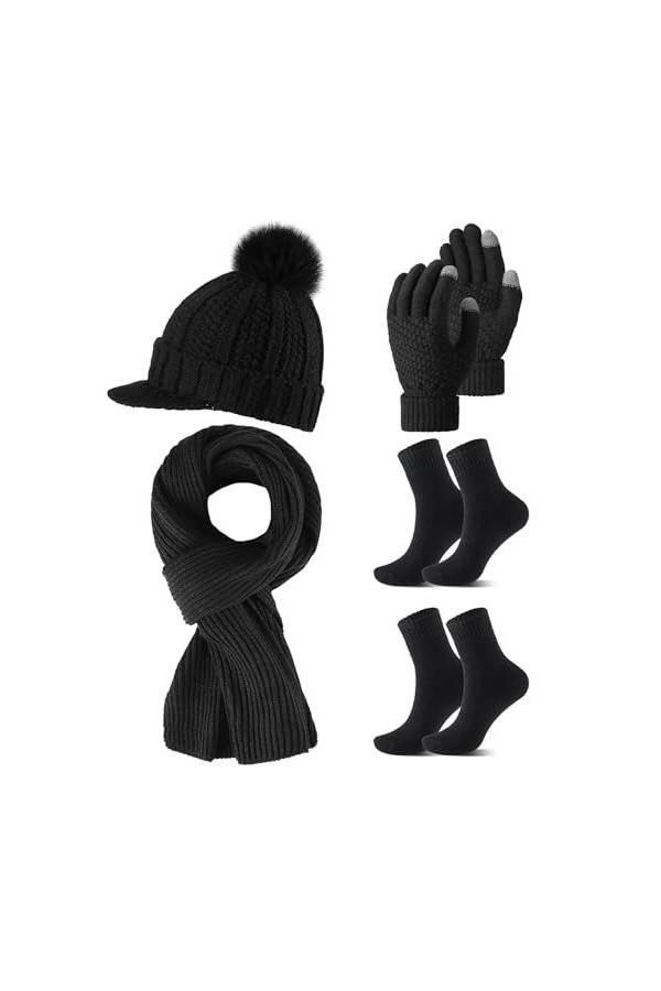 Sinmoe 5 Pièces Ensemble de Bonnet Écharpe Gants en Tricot pour Femme Bonnet en Tricot à Visière Gants Tricotés à Écran Tacti