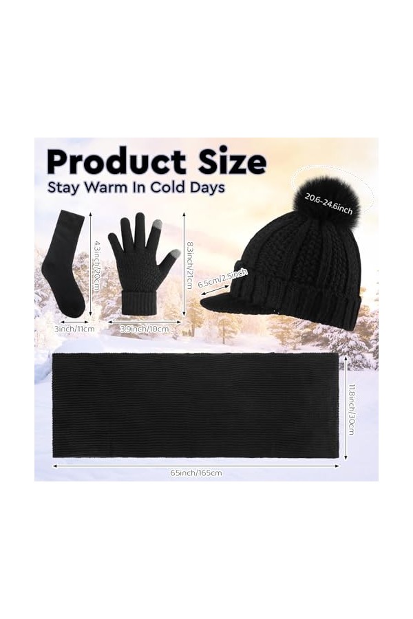 Sinmoe 5 Pièces Ensemble de Bonnet Écharpe Gants en Tricot pour Femme Bonnet en Tricot à Visière Gants Tricotés à Écran Tacti