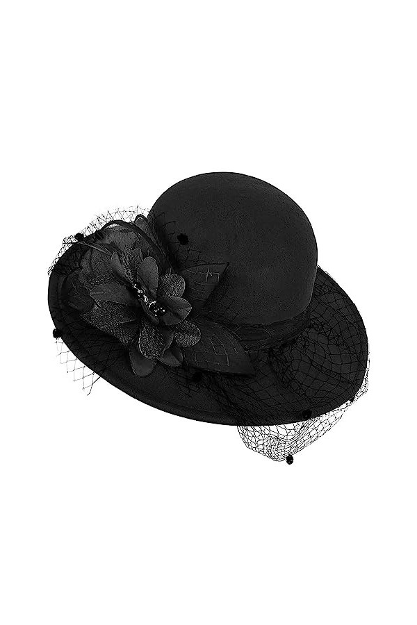 Chapeau bibi à large bord pour femme - En feutre vintage - Avec voile - Pour lhiver - Pour mariage, fête, Noir , Taille M