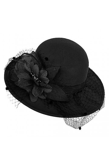 Chapeau bibi à large bord pour femme - En feutre vintage - Avec voile - Pour lhiver - Pour mariage, fête, Noir , Taille M