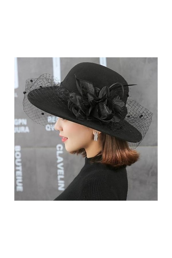 Chapeau bibi à large bord pour femme - En feutre vintage - Avec voile - Pour lhiver - Pour mariage, fête, Noir , Taille M