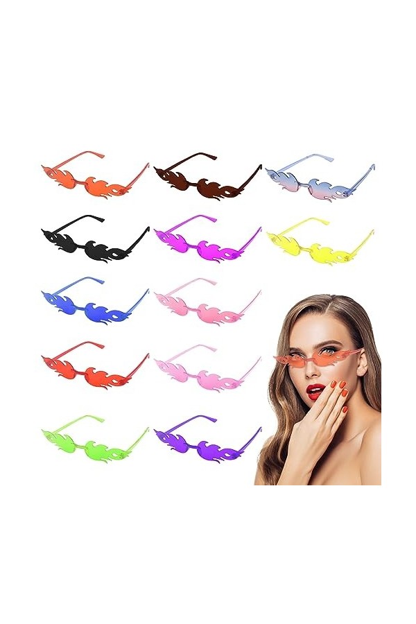 HENGBIRD Lot de 12 lunettes de soleil flammes colorées sans monture en forme de flamme, lunettes de soleil pour bal masqué, d