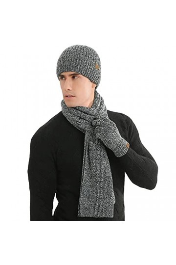 WHIRLGEE Lot de 3 bonnets, gants et écharpe tricotés en laine de cachemire pour garder au chaud, Gris foncé 2., taille unique