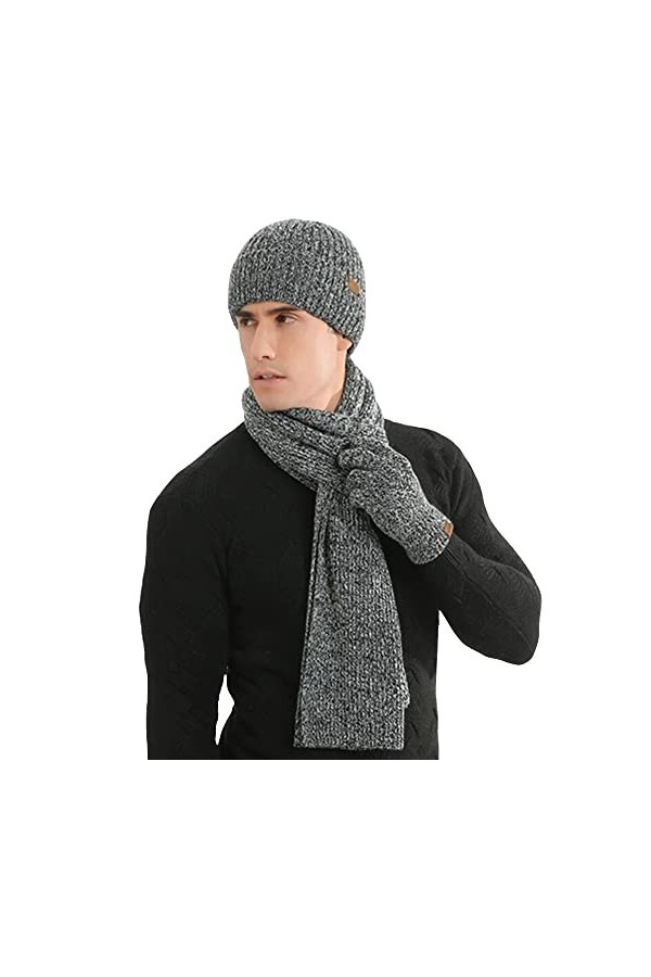 WHIRLGEE Lot de 3 bonnets, gants et écharpe tricotés en laine de cachemire pour garder au chaud, Gris foncé 2., taille unique