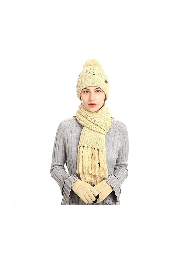 WHIRLGEE Lot de 3 bonnets, gants et écharpe tricotés en laine de cachemire pour garder au chaud, Gris foncé 2., taille unique