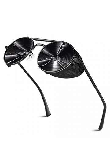 Lunettes de soleil homme et femme,Métal Lunettes UV400 Style Steampunk, Ronde Rétro Lunettes de soleil