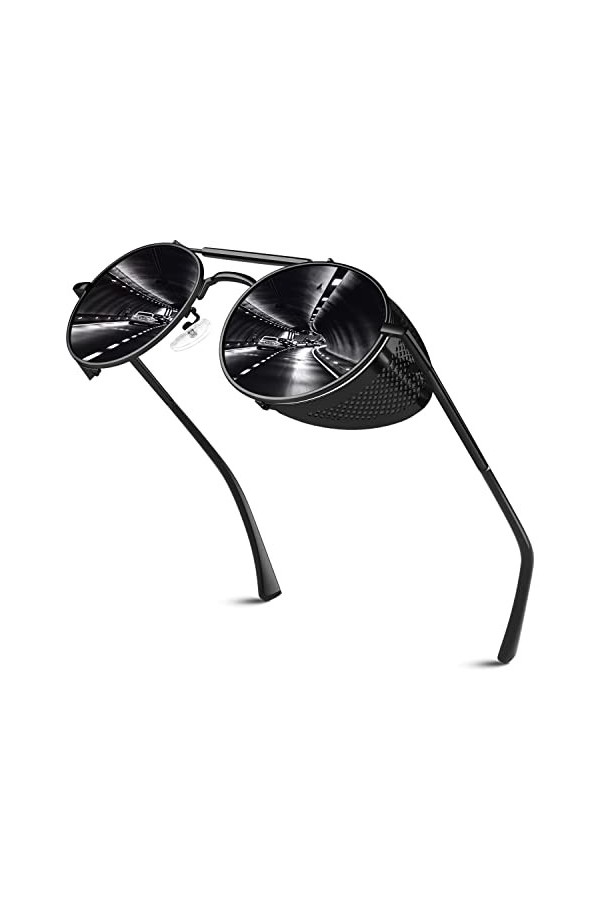 Lunettes de soleil homme et femme,Métal Lunettes UV400 Style Steampunk, Ronde Rétro Lunettes de soleil
