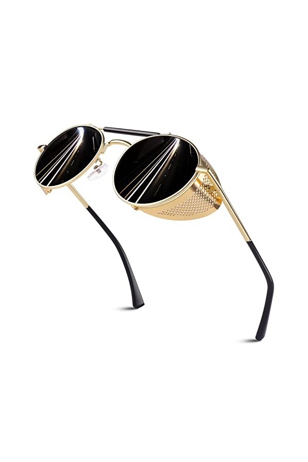 Lunettes de soleil homme et femme,Métal Lunettes UV400 Style Steampunk, Ronde Rétro Lunettes de soleil