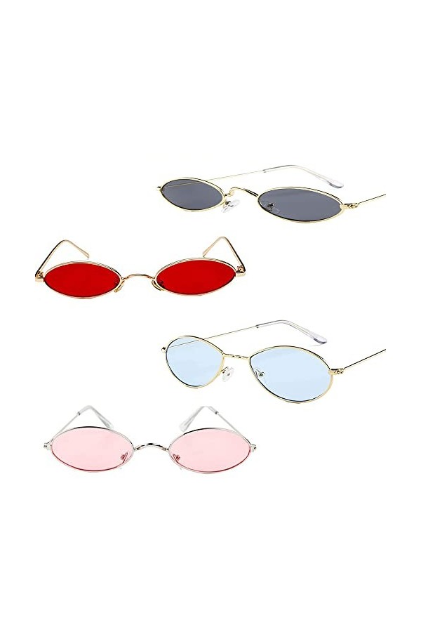 Lunettes de Soleil, 4 Paires Soleil Ovales Multicolores, Lunettes Ovales Classiques, Hippie Costume Lunettes, Soleil Multicol