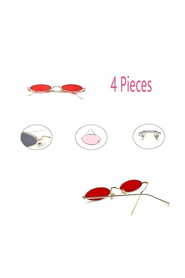 Lunettes de Soleil, 4 Paires Soleil Ovales Multicolores, Lunettes Ovales Classiques, Hippie Costume Lunettes, Soleil Multicol