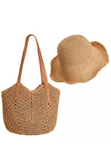 SATINIOR Grand Sac à Bandoulière en Paille Tissé à Main Boho Chapeau en Paille à Large Bord Pliable pour Été Plage Marron Cl