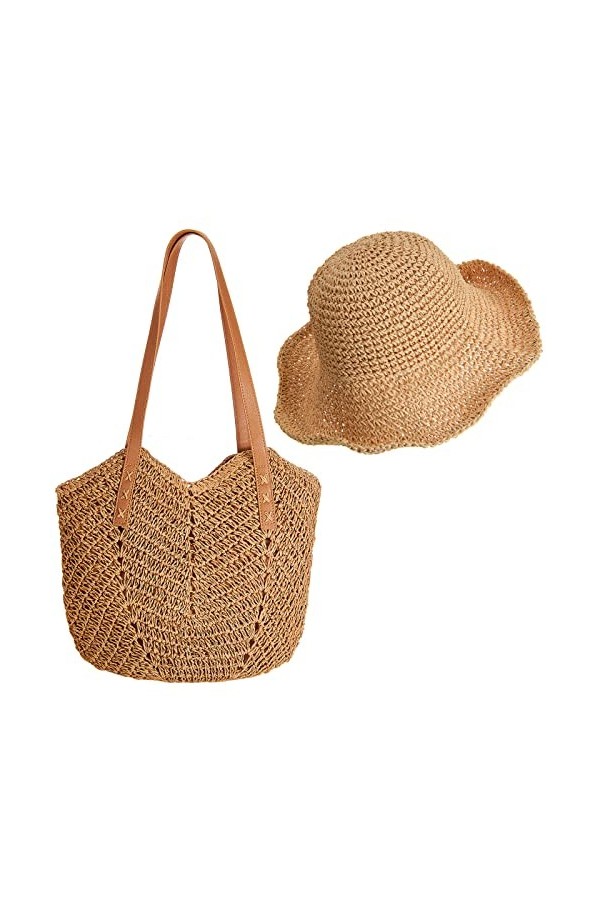 SATINIOR Grand Sac à Bandoulière en Paille Tissé à Main Boho Chapeau en Paille à Large Bord Pliable pour Été Plage Marron Cl