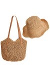 SATINIOR Grand Sac à Bandoulière en Paille Tissé à Main Boho Chapeau en Paille à Large Bord Pliable pour Été Plage Marron Cl